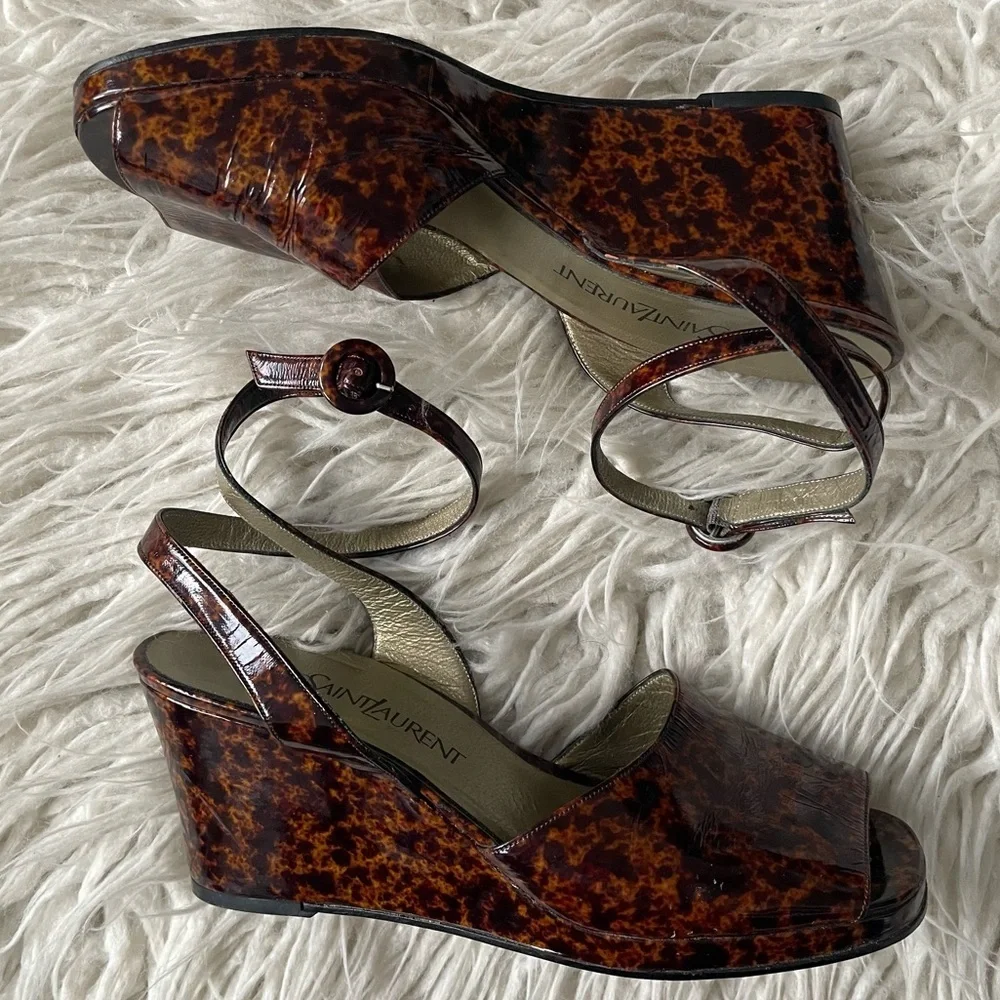 Yves Saint Laurent Vintage Y2K 90s Brown Patent Leather Animal Print Sandals 8.5
